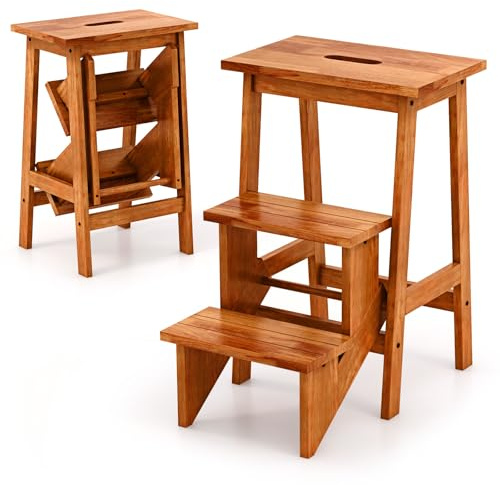 COSTWAY Taburete Plegable de 3 peldaños, Escalera Madera Multifuncional con Escalones Reversibles, Silla Escalera de Madera con Asa de Transporte, Escalera Portátil para Escalar (Café)