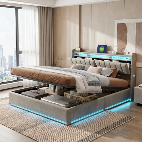 Polsterbett 160x200 cm, Doppelbett mit Lattenrost und hydraulischem Stauraum, RGB-System, Kopfteil mit Ablage, USB & Type-C Anschluss, Bettgestell Grau, Belastbar bis 500 kg