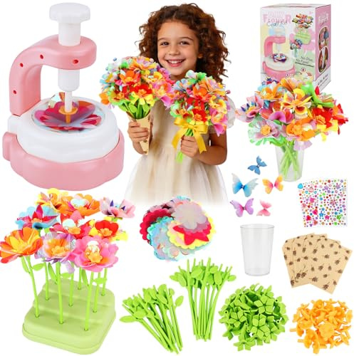 Juguete de Mercado de Flores,Kit para Crear Ramos de Flore de Tela,Juego Creativo de Manualidades con Máquina de Flores,Pétalos de Tela y Accesorios,Juego de Manualidades para Niñas 3+ Años - Rosa