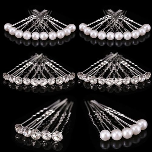 50PCS Hochzeit Haarnadeln, BetterJonny Perlen Blumen Strass Braut Haarschmuck Haarnadelne U-förmige Haarnadeln für Brautfrisur Kommunion Party Frauen Mädchen, 2 Stile (H)