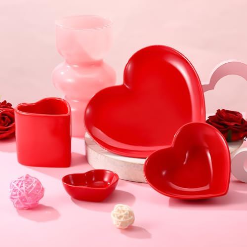 Qinyoung 4 Piece Valentines Heart Shaped Dinnerware Set Include Ceramic 7'' Dinner Plate and 5'' Dessert Dish Bowl Cup Heart Shaped Bowl Cute Mug Snack Dishes Gifts for Valentine's Day Party Wedding