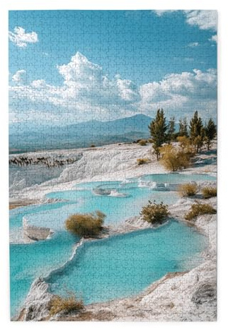 Terraced Blue Pools of Nature – 1000 Piece Wooden Puzzle for Adults, Scenic Hot Springs with Mountains and White Rock Formations