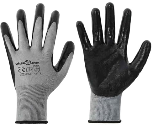 vidaXL Gants de Travail 12 pcs Gris et Noir 10 / XL Polyester, Équipement Moderne de Protection, Gants de sécurité, Accessoires Flexibles, vêtements durables, Confort Optimal pour Jardin, ateli