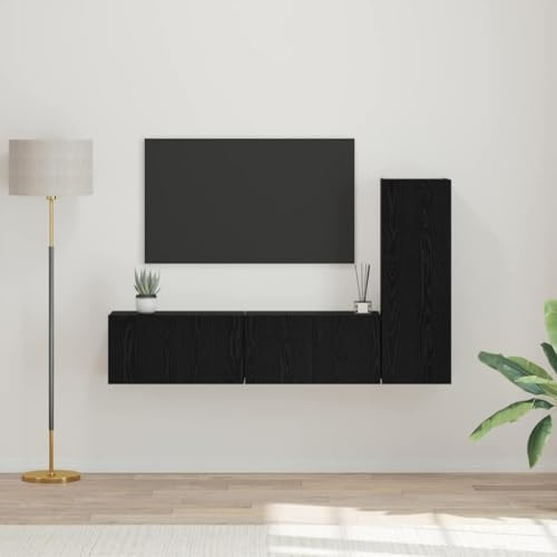 Boltkex TV-skåpset, 3 delar, svart eklook, trämaterial, väggmonterad mediamöbel för vardagsrum, med 2 gångjärnsdörrar och 3 brädhyllor, skapar ordning