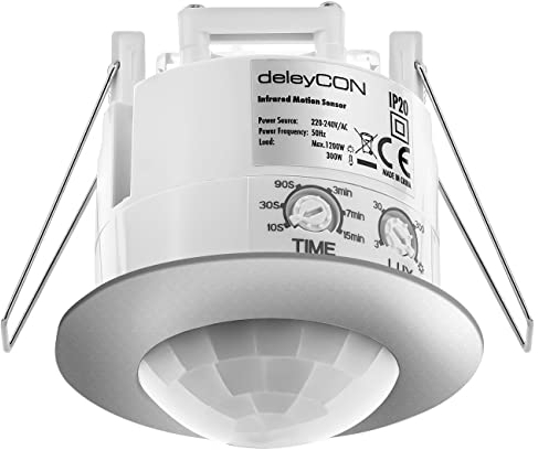 deleyCON 1x Infrarossi Rilevatore di Movimento a Soffitto All'interno - Portata 6m a 360° Luminosità Ambientale Regolabile IP20 da Incasso Cromo