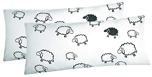 Renforcé Kissenbezug 2er Set 40x80cm Schafe Lämmer Weiß (099/2) | Kopfkissenbezug, Kissenhülle, Dekokissenbezug aus 100% Baumwolle - Schäfchen in Schwarz & Weiß, Reißverschluss