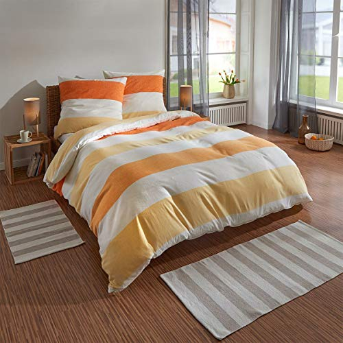 Traumschlaf Bettwäsche Biber Streifen orange kuschelig weiche Made in Germany Qualität aus 100% Baumwolle - mit Reißverschluss 155x220 cm + 80x80 cm
