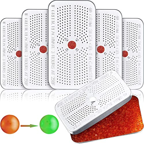5 Pieces Indicating Silica Gel Dehumidifier Desiccant, Reusable Absorber Orange Desiccant Canisters, Orange Green Bead Tin for Car, Closet, Cabinet, Bag, Storage Box