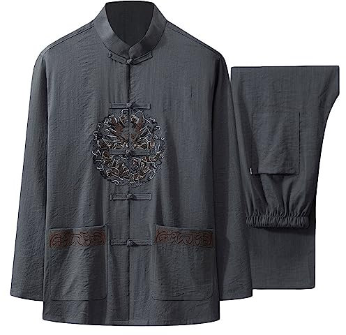 G-LIKE Herren Anzug Tangzhuang Uniform - Traditionelle Chinesische Gestickte Kleidung Kampfkunst Trainingsanzug Langärmelige Jacke elastisch Hosenbund Stehkragen – Baumwolle Leinen (Dunkelgrau, M)