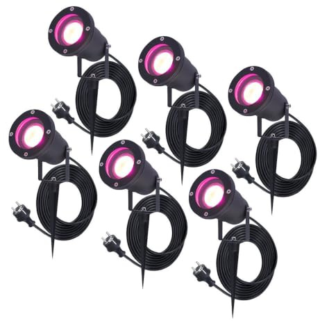 HOFTRONIC 6er Sydney - RGBWW LED Strahler mit Erdspieß - 1,5M kabel mit Stecker - WiFi+Bluetooth - 16,5 Millionen Farben - Steuerbar über Ihr Smartphone oder Alexa & Google Home