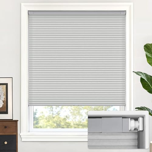 LazBlinds Jalousie, schnurlos, zellular, für Fenster, kein Werkzeug, kein Bohren, Lichtfilterung, für Fenstergröße 94 x 122 cm (B x H), Hellgrau