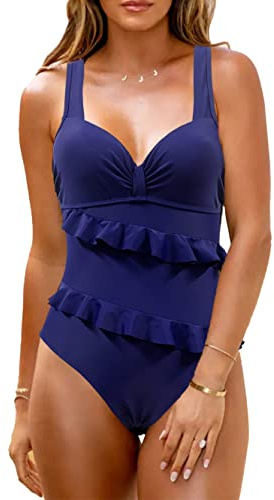 JFAN Baddräkt dam bandeau baddräkt push-up volang magkontroll badkläder, BLÅ, XXL