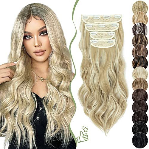 SEGO 55cm Haarverlängerung Clip in Extensions 4 PCS Hair Extensions Haarteil Haare mit Klips Vollen Kopf für Frauen Aschblond mix Bleichblond