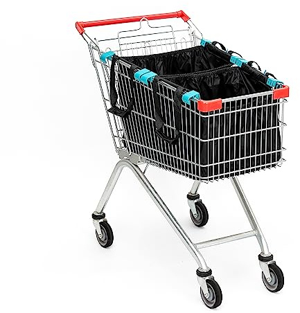 Handy Sandy Deluxe 3-Pack Reusable Universal Cart Bags, Eco-Friendly Grocery Organizers with Universal Cart Clips, Pockets and PE Base Board (Black)