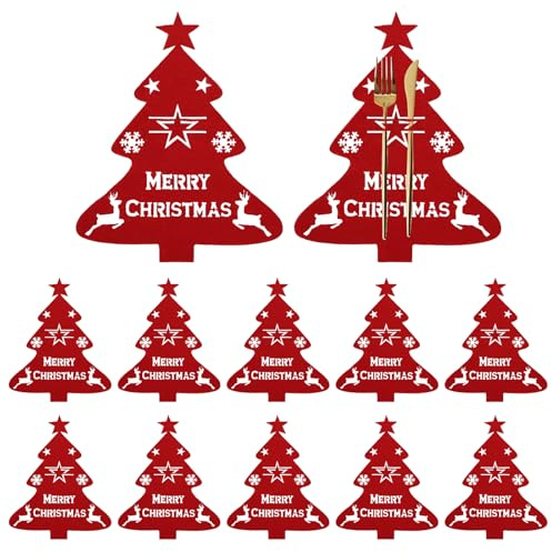 Weysoo Bestecktasche Weihnachten, 12 Stück Weihnachtsbaum Besteckhalter Weihnachten, Weihnachten Tischdeko Filz,Weihnachtsdeko für Party Abendessen Gabel Dekor (Rot)