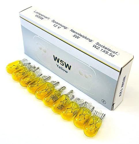 INION 10x Stück GELB/YELLOW W5W T10 12V 5W W2.1x9.5d KFZ Beleuchtung LONGLIFE Glühlampe Glassockellampe Glühbirne Soffitte Autolampen