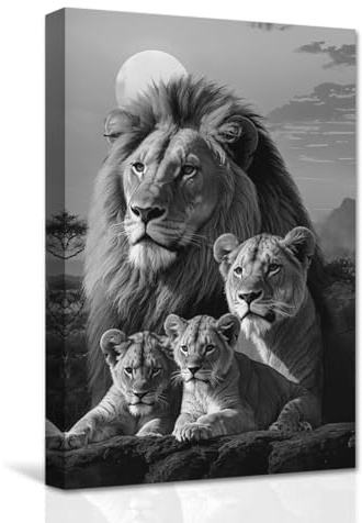 CXHOSTENT Löwenfamilie Leinwand Wandbilder schwarz weißer Löwe Löwin und zwei Jungtiere Kunstdrucke afrikanische Wildtiere Tierbilder für Bürodekor (B, 30.00 x 45.00 cms)