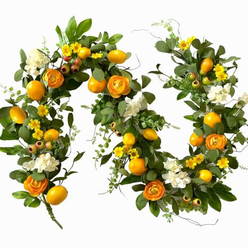 Bibelot 66 inch Artificial Lemon Garland with Yellow Peony, White Hydrangea, Green Leaves, Big Berries, Grapevine - Spring/Summer Wreath for Wall, Window, Party Decor