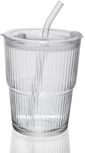 QWEZXO Gobelet à café glacé en verre de 400 ml, tasse à eau à paroi épaisse, tasse à thé avec paille et couvercle scellé (transparent)