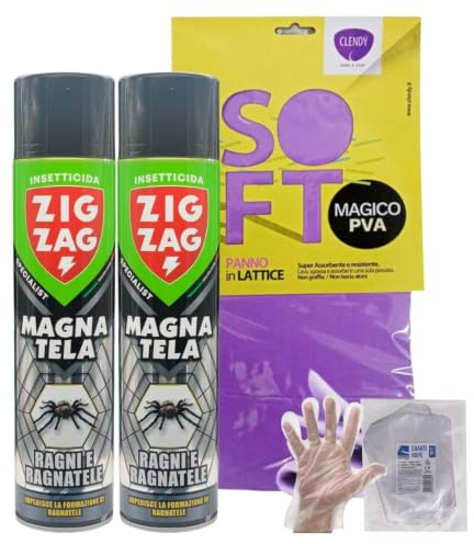 ZigZag Magnatela Insetticida Ragni, Azione Residuale, Efficacia Immediata, Protezione Elevata, Facile Utilizzo, 600ml+OMAGGIO 100pz Guanti HDPE Monouso + Panno Lattice (2 Spray+1CF Guanti+Panno)