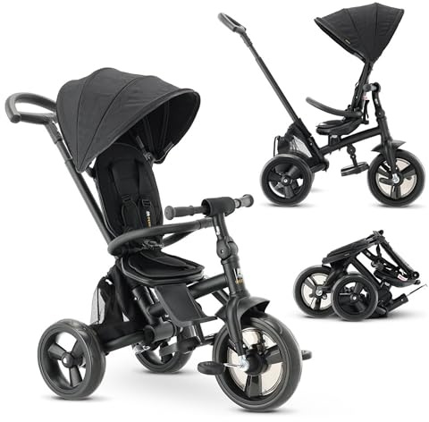 Deryan Explorer Triciclo da 9 Mesi fino a 25 kg – Triciclo per Bambini con Maniglione di Spinta – Sedile Girevole – Tettuccio Estensibile con Protezione Solare – Nero