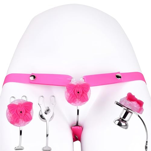 SeLgurFos Edelstahl Keuschheitskäfig Herren mit Anti-Fall Belt und Urinal Dekorativer Inverted Cock Cage Sissy Clip BDSM Fetisch Bondage Sexspielzeug für Männer (Pink Butterfly+Pink Belt)