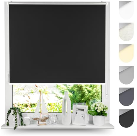 Tom'Shop Verdunkelungsrollo Klemmfix Ohne Bohren Schwarz 90cm x 130cm | Thermorollo Blackout Klemmrollo Fensterrollo Seitenzugrollo mit Klemmträger für Hitzeschutz Lichtschutz Sichtschutz