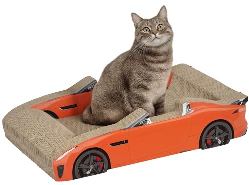 PawHut Planche à gratter 2-en-1 grattoir 50x30x12.5cm Rouge | Carton, grattoir en forme de voiture, avec herbe à chat, usage intérieur