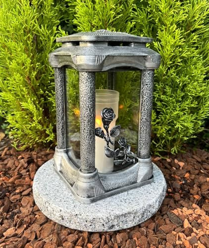 Lampe funéraire de jardin fabriquée à la main avec socle en granit et rose