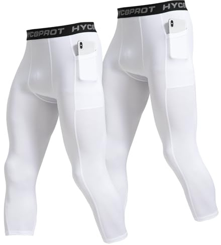 HYCOPROT Herr 3/4 kompressionsbyxor med fickor löpning träning atletiska tights capri leggings baslager basket gym, Vit + vit, L