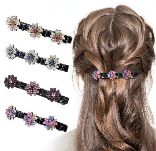 IKOPFLN 4 Stück Haarspangen mit Schneeflockenmuster, doppellagig, rutschfest, mit funkelndem Kristallstein, geflochtene haarspangen