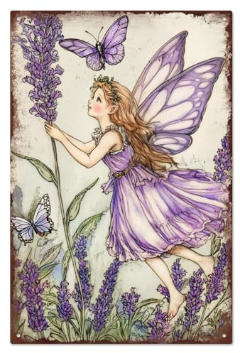 WADORN Flower Fairy Vintage Metal Tin Sign, Lavender Fairy Retro Metal Garden Poster Sign Novelty Garden Painting Home Wall Art Poster Plaques for Home Coffee Living Room Pub Cafe, 7.8x11.8 Inch