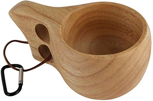 Nikou Holz Becher Outdoor Tragbar, Doppelloch Holztasse, aus Gummiholz, Langlebig und Säurebeständig, 14 x 9 x 6 cm, 170ml