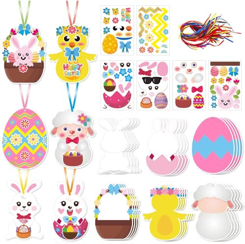 SJUNJIE 72 Pezzi Lavoretti Pasqua Bambini Decorazioni Pasquali da Appendere Pendente Pasquale Pulcini Pasquali Coniglio Decorazioni con Adesivi per Albero di Pasqua da Decorare