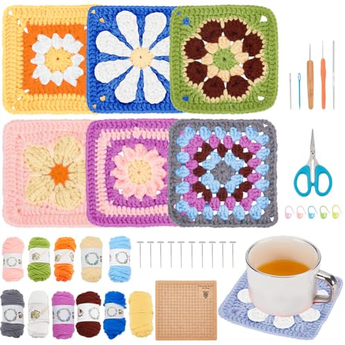 ORIGACH 6 in 1 Granny Square Häkelset Für Anfänger, DIY Starter Häkelset Für Erwachsene Mit Häkelblockiermatte Schritt Für Schritt Videoanleitung