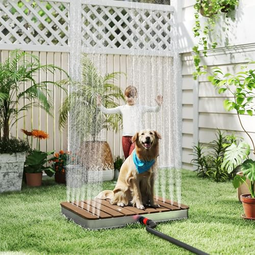 PEILU WPC Bodendusche Kompakt Außendusche Einstellbare mit Fußrad & rutschfeste Fläche, Wetterfest Holzoptik Gartendusche Fontänenhöhe bis 4m Campingdusche für Strand Pool Boot (Braun, Rechteck)