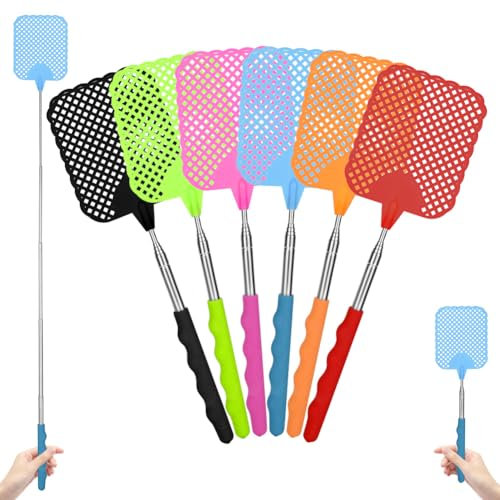 AYESY Extendable Fly Swatter, 6 Pack Strong Manual Fly Swat Pest Telescopic Stainless Steel Handle Adjustable 26.5cm to 73cm Heavy Duty Flyswat for Indoor Outdoor Mosquitoes Flies (Multiple Colors)