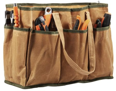 Tool Tote Bag Heavy Duty Waxed Canvas Garden Tool Bag 36x14x26.5cm 16oz Waterproof Portable 11 Pockets Gardening Tools Storage Organizer for Gardener Electrician Contractor Repairman(khaki)