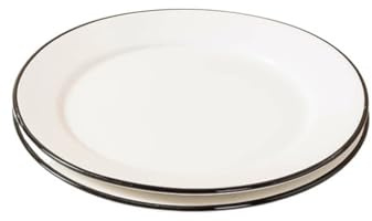 Lot de 2 assiettes plates en céramique blanche avec bordure noire, 23 cm, for pâtes, steak, salade, lavables au lave-vaisselle(8 inch)