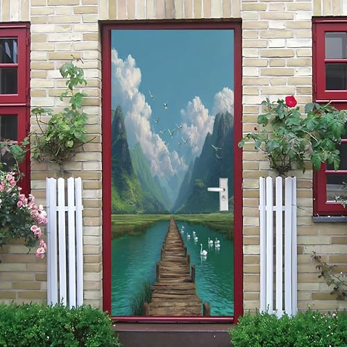 3D Kreative Türaufkleber 80x210 cm Berg WasserplankenstraßE Türfolie Selbstklebend - Abnehmbare Vinyl Fototapete Türposter, NatüRliche Landschaft DIY Türtapete Selbstklebend für Innentüren