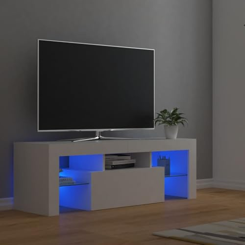 Teenpull Meuble TV avec lumières LED, blanc, 120 x 35 x 40 cm, design moderne, espace de rangement pour salon, console multimédia