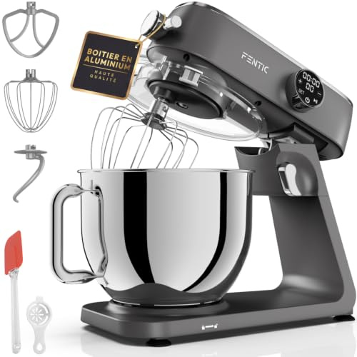 Fentic Küchenmaschine 1800W, 7L Edelstahl-Rührschüssel, Knetmaschine für Brotteig & Pizzateig, Planetenrührwerk, 10 Stufen mit Timer, Knethaken, Rührbesen, Schneebesen & Spritzschutz
