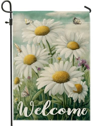 Chrysanthemen-Gartenflagge, Frühling, natürliche Schmetterlings-Blume, Frühlingsgrün, Jute, doppelseitig, dekorative Außenflaggen für Außenbereich, Terrasse, Rasen, Veranda, Eingang, Campingplatz