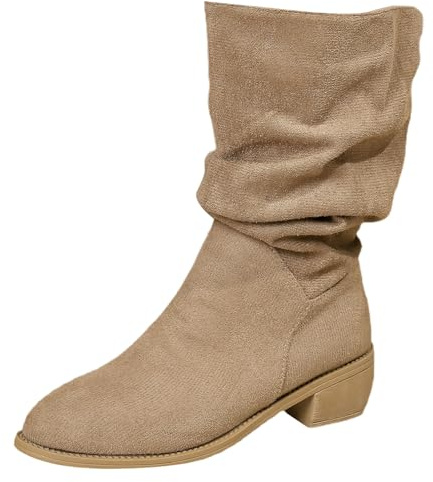 Cowboystövlar dam vintage, vida stövlar dam med klack, västerländska stövlar, Flock slip-stövlar med blockklack, damstövlar, slouchy halvstövlar, bekväma mellanrör, stövlar, lediga vinterstövlar, kaki