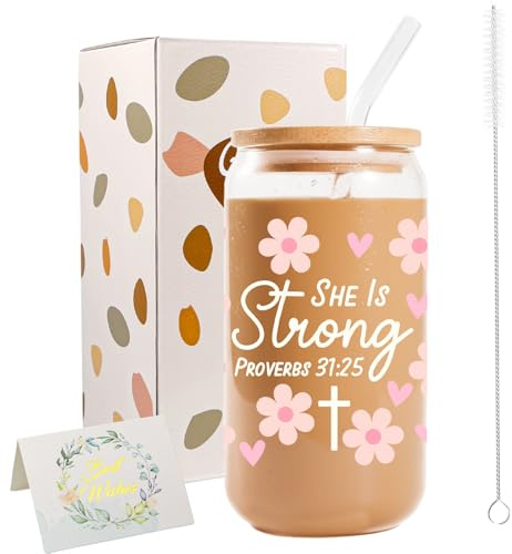 JEKUGOT Iced Coffee Glass Cup, 16 Oz Cute Coffee Cup with Lids and Straws, She is Strong Christian Glass Cups for Women and Men, Friends, Holiday Gifts, Christian Themes