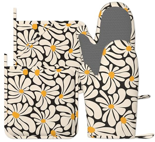 Black Beige Oven Gloves Silicone Oven Mitts and Pot Holders Sets of 4, Vintage Kitchen Gloves Hot Holders for Kitchen Baking Cooking Housewarming Gifts