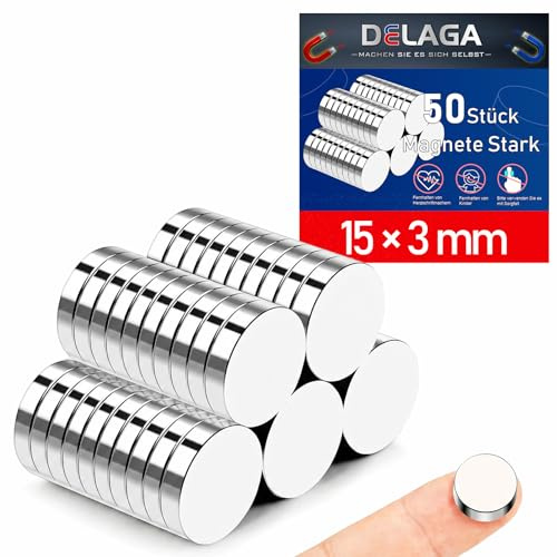 50 Stück Magnete Stark, Mini Magnete 15x3mm | Rund Kleine Magnete 3D Druck für Magnettafel, Kühlschrank, Whiteboard, Pinnwand, Büro