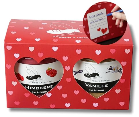 Herz Geschenkset 2er BOX mit Honiggläsern & mehr von Grega´s Imkerei | 2×250 g – Geschenkbox mit Grußfeld| perfektes Muttertag & Vatertag Geschenk (Himbeere im Honig & Vanille im Honig)
