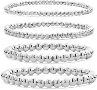 Wassazi Silber Armband Set Damen,Silber Edelstahl Perlen Armbänder mit 3/4/5/6mm Perlen, 4-teilig Stück Armband, Elastische Armbänder, Schmuck für Damen