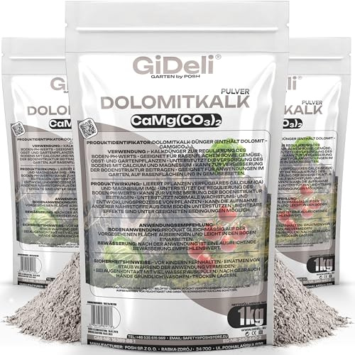 GiDeli Dolomitkalk 3 x 1 kg - gräskalk och trädgårdskalk | Höjning av jordens pH-värde, bättre jordstruktur, mot mossa, rik på kalcium och magnesium, för gräsmatta och grönsaker